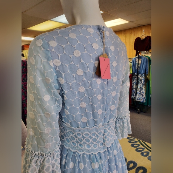 Vintage late 60s, Early 70s Baby Blue Embroidered Eyelet Circle Maxi Dress - Picture 12 of 16
